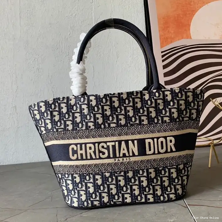 Dior Canvas Basket Motif Bag Christian Oblique Hat Blue 0506 Hot Sale